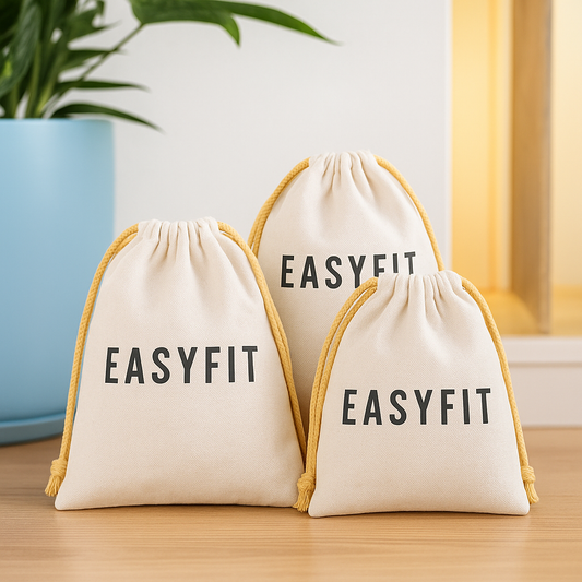 full-body resistance band workout set stored in EasyFit bags on a wooden table with a plant in the background.